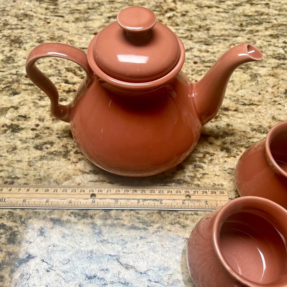 Vintage Terracotta Ceramic Teapot and 4 Mug Tea Set Glossy Coral‎ Rust
